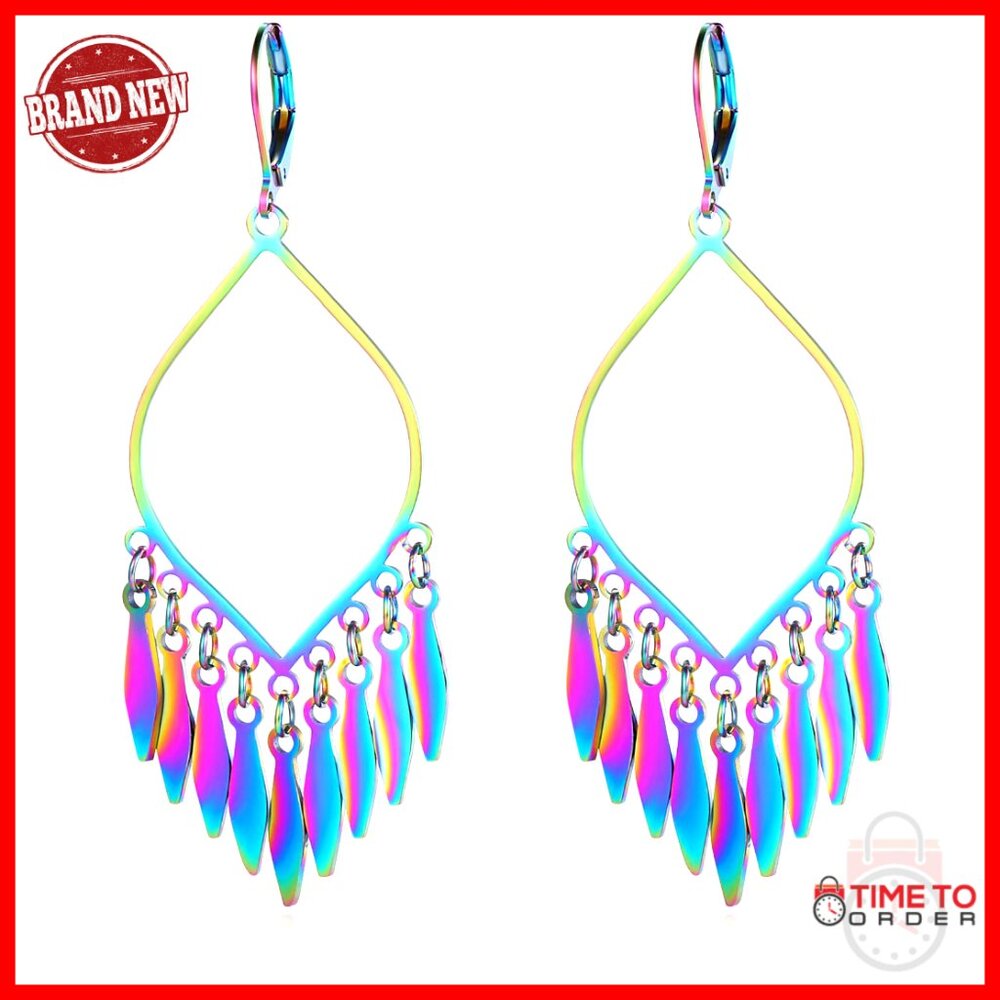 Large Statement Dangle Earrings, Stainless Steel, Lever Back, 74mm - Picture 1 of 7